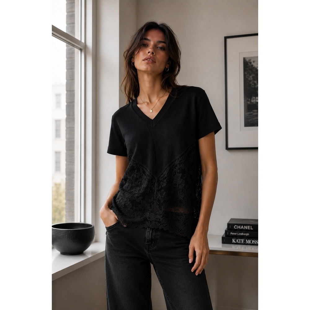 No 21 Sweater Womens Small Black Lace Trim Virgin Wool‎ V Neck Designer Italian